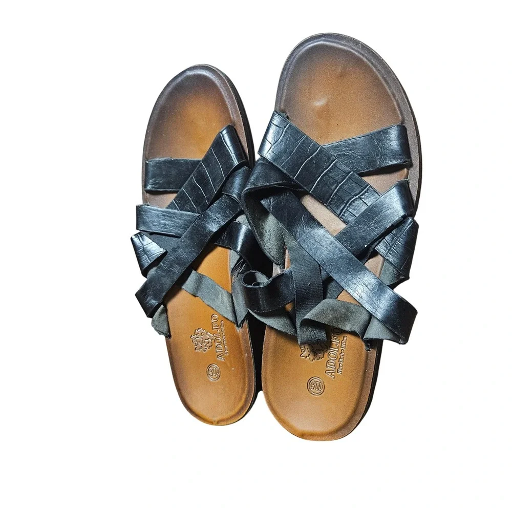 Adolfo New York Milan Mens Black Croc Embossed Multi Strap Slide Sandals 10.5